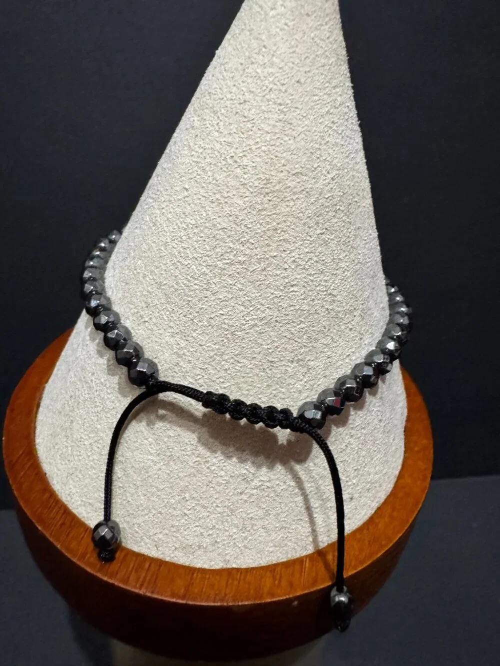 Slide Style Adjustable Bracelet, Faceted Hematite, Fine Silver Plated